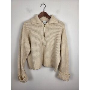 Varley Amelia Womens Half Zip Ribbed Sweater Cream Gold Zipper Wool Blend Medium